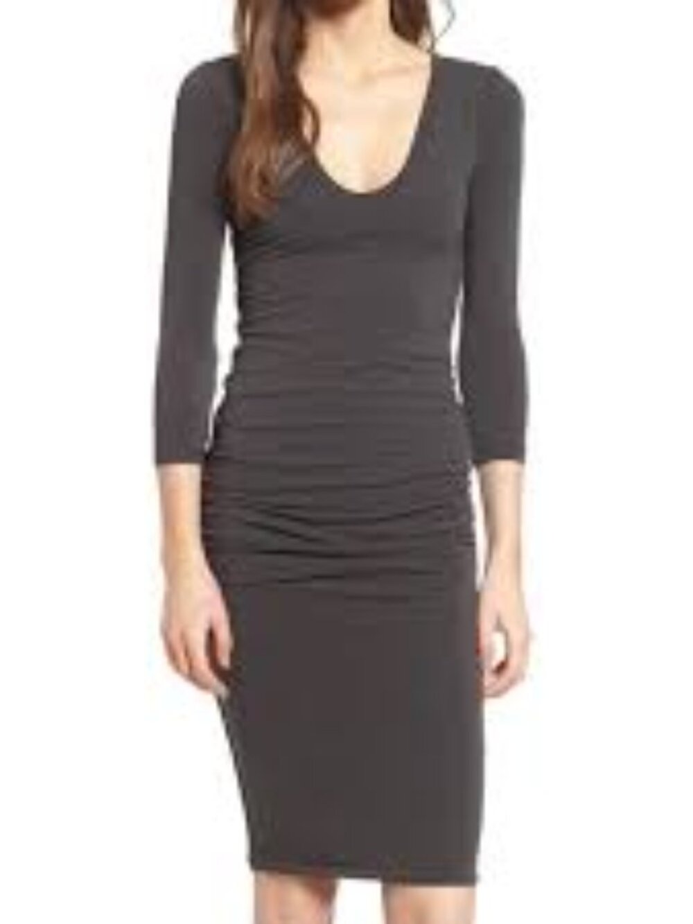 James Perse Midi Dress Side Ruching Bodycon Dark Grey Size 3 (US L)